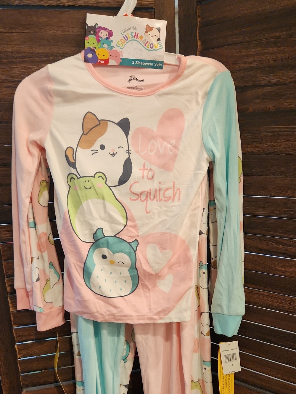2 COMPLETE SETS-Squishmallows Pink, Mint & White Long Sleeve Kids Pajama Sets -